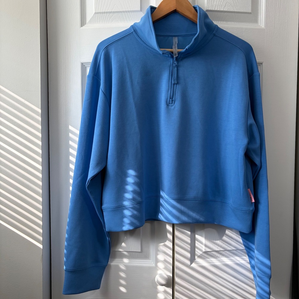 Simply Southern Womens XL Blue Quarter Zip Cropped Pullover Sweatshirt Mock Neck